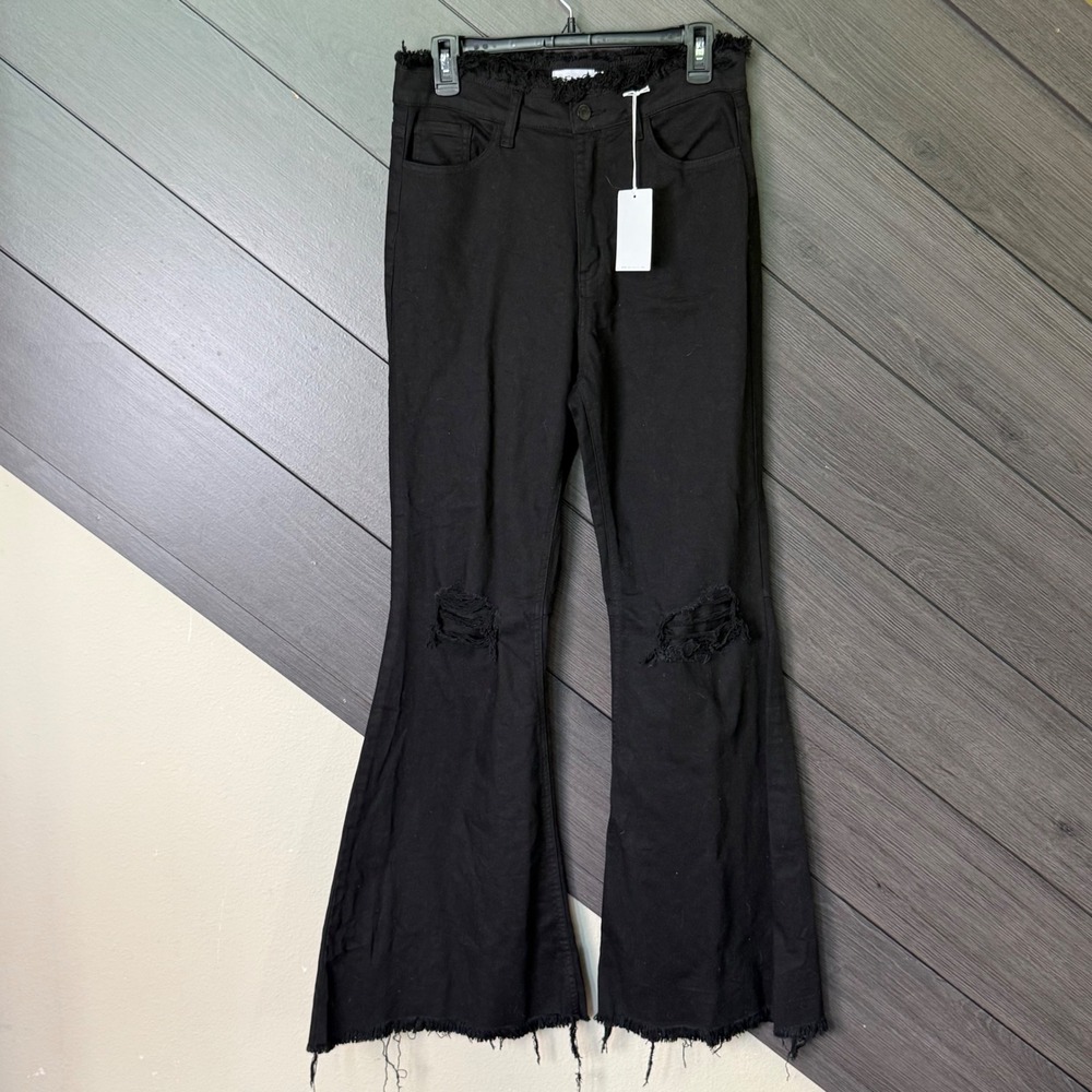 Cello Women High Rise Skinny Flare Distressed Raw Hem Black Jeans 11 NWT Grunge